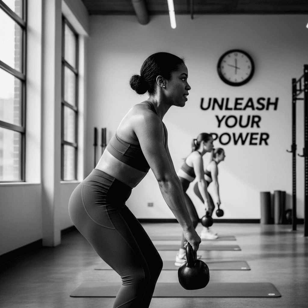 Female athlete swinging kettlebell despite due to wearing WOLF GEAR leggings