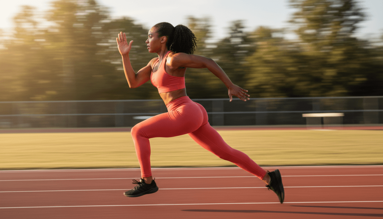 Female athlete squatting in high-waisted performance leggings