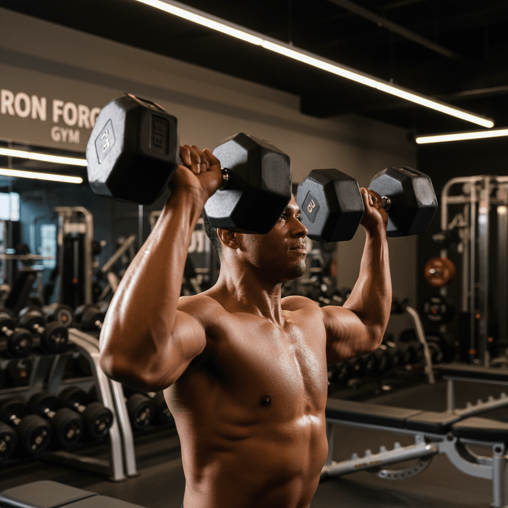 Athlete in fitted black WOLF GEAR sportswear training hard with a dumbbell in an industrial Scottsdale gym
