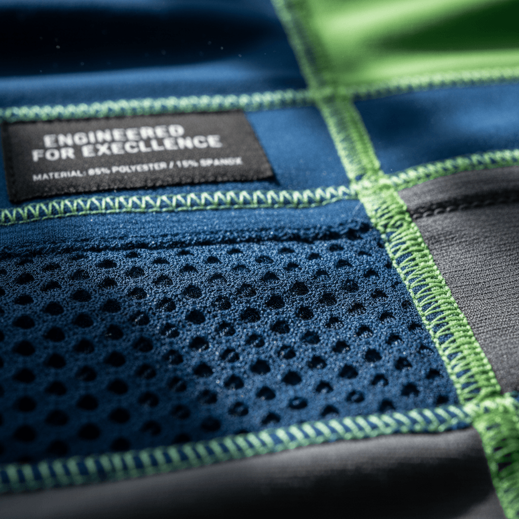 Extreme close-up of moisture-wicking fabric with flatlock stitching