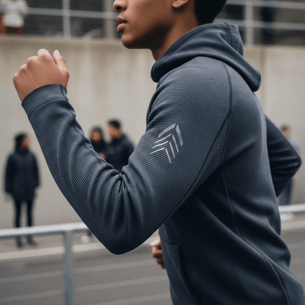 Close-up of athlete adjusting WOLF GEAR hoodie at outdoor track