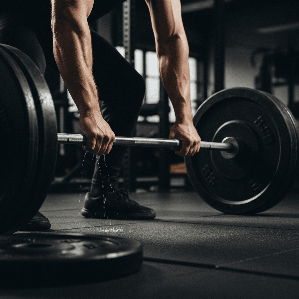 Weight plates on gym rack from below