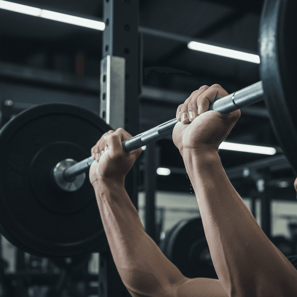 Man lifting barbell in dark gym wearing WOLF GEAR tank top