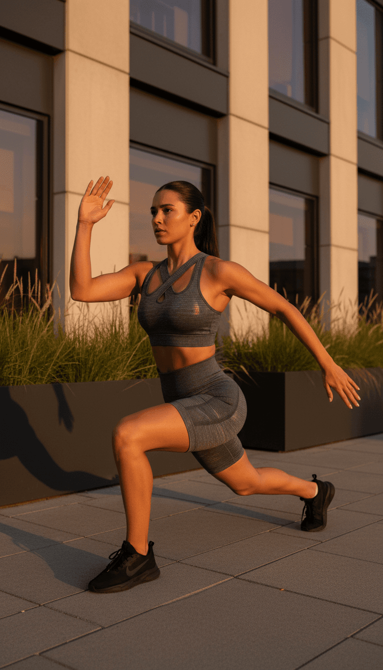 Female athlete in WOLF GEAR athletic hoodie and leggings walking through a sunlit Scottsdale plaza